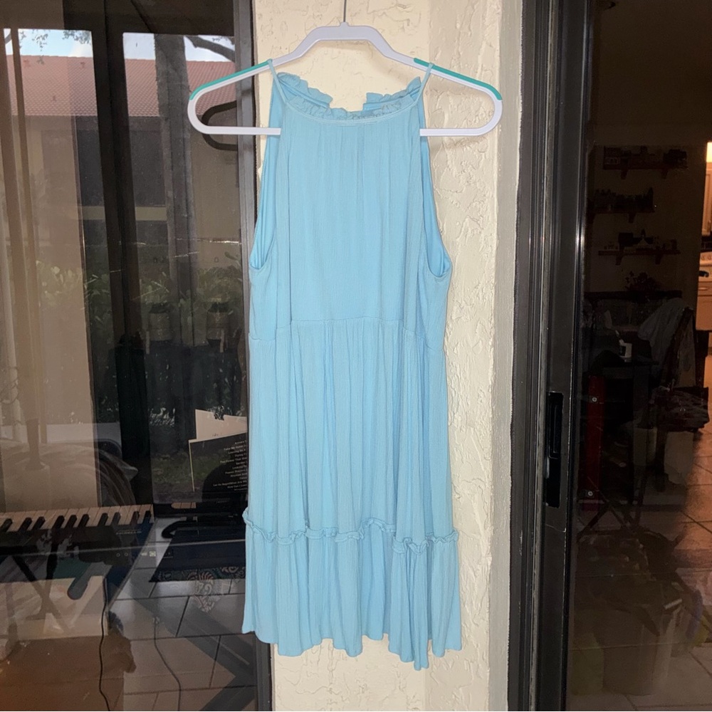 Blue Rain Sky Blue Tiered High Neck Ruffle Mini Dress - Size L